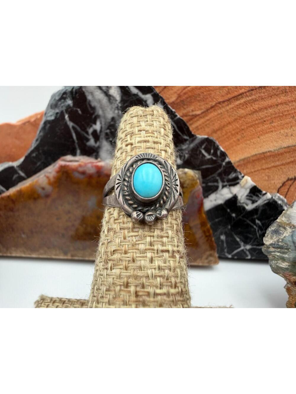 Vintage Navajo Round Turquoise Stone Sterling Silver Ring Signed LG